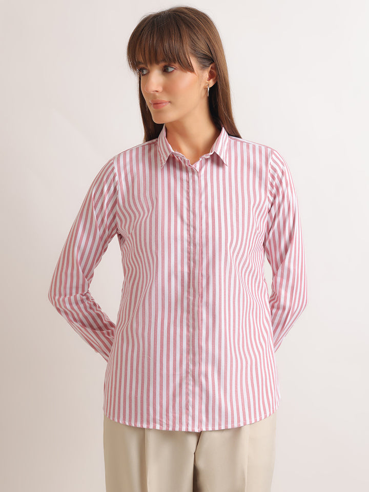 Hancock   Women   White & Red   Stripes   Viscose Rayon   Regular Fit   Formal   Shirt