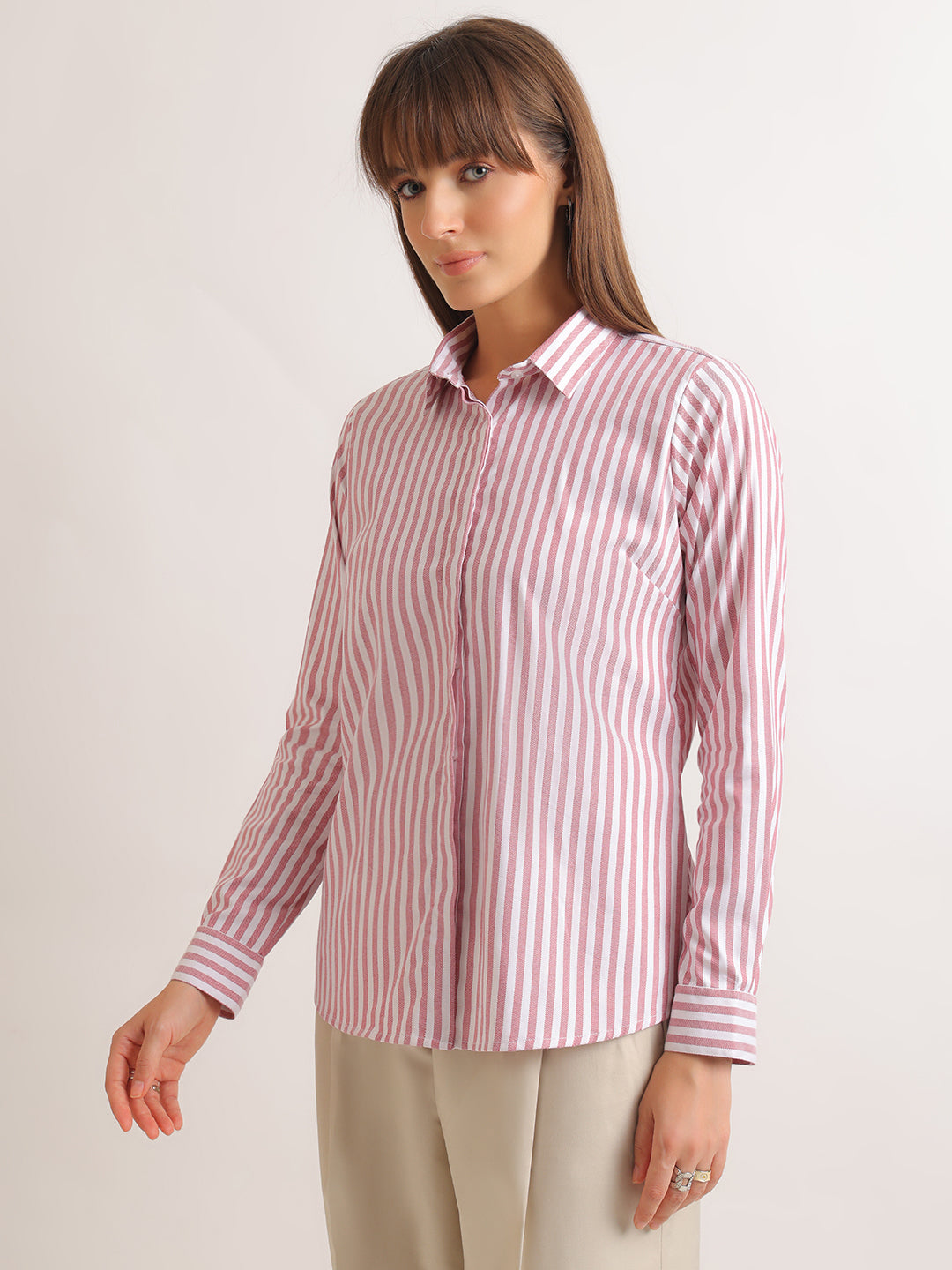 Hancock   Women   White & Red   Stripes   Viscose Rayon   Regular Fit   Formal   Shirt