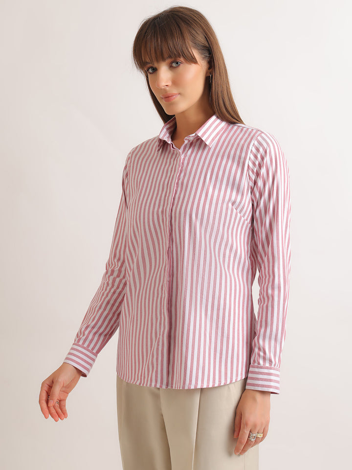 Hancock   Women   White & Red   Stripes   Viscose Rayon   Regular Fit   Formal   Shirt