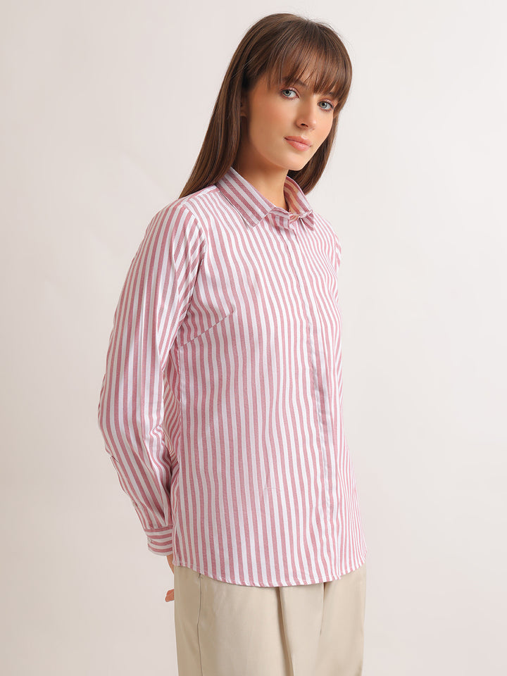 Hancock   Women   White & Red   Stripes   Viscose Rayon   Regular Fit   Formal   Shirt