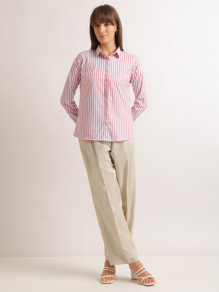 Hancock   Women   White & Red   Stripes   Viscose Rayon   Regular Fit   Formal   Shirt