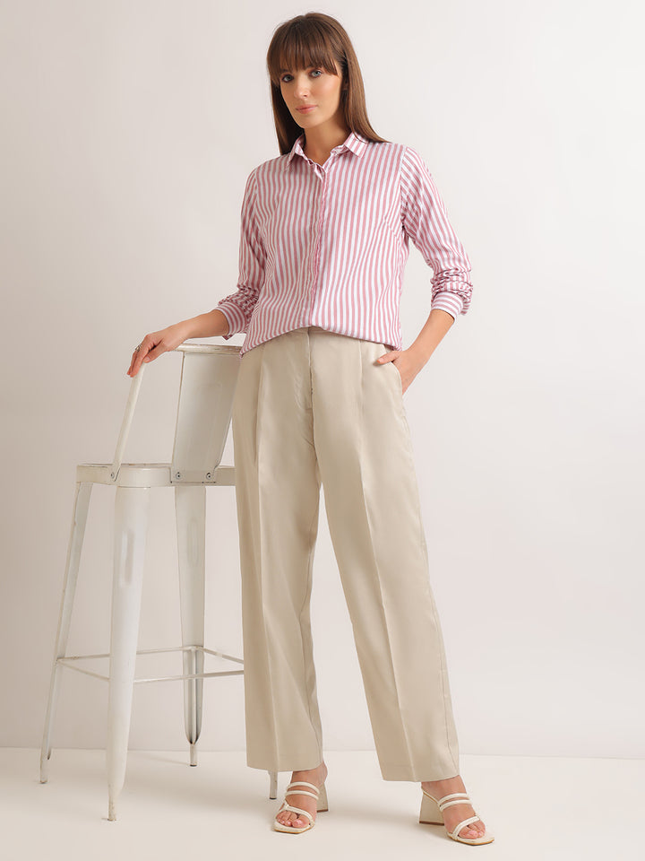 Hancock   Women   White & Red   Stripes   Viscose Rayon   Regular Fit   Formal   Shirt