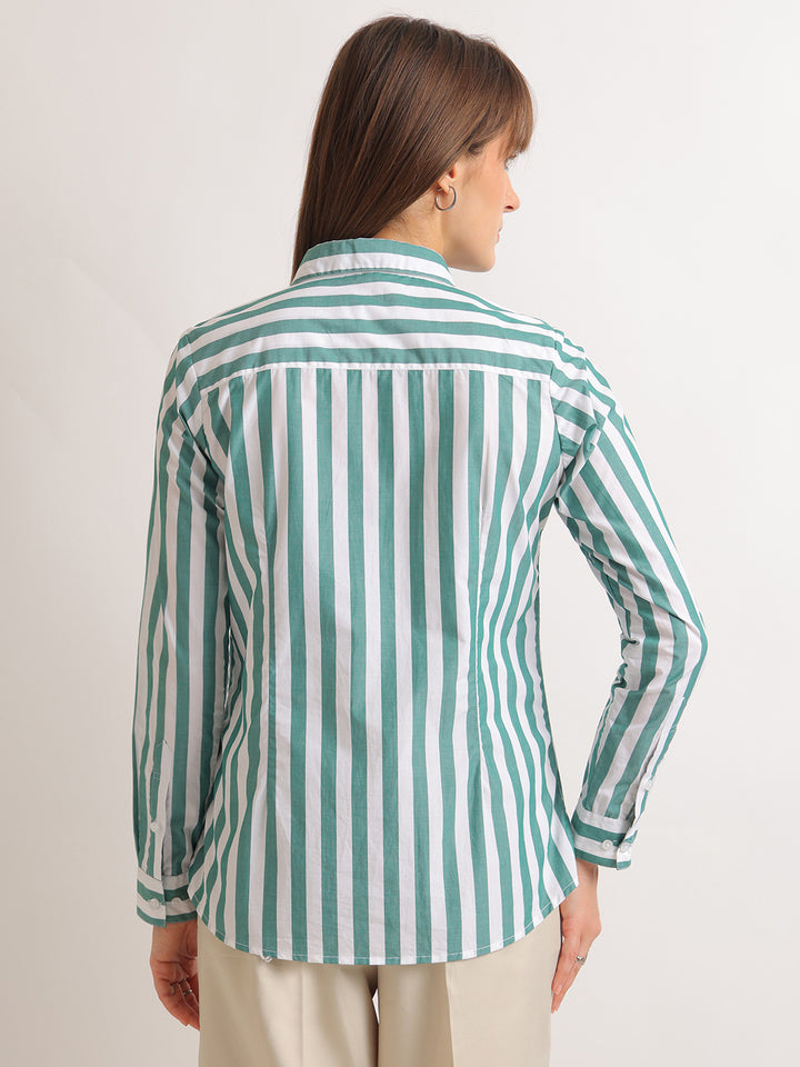 Hancock   Women   White & Green   Stripes   Pure Cotton   Regular Fit   Formal   Shirt