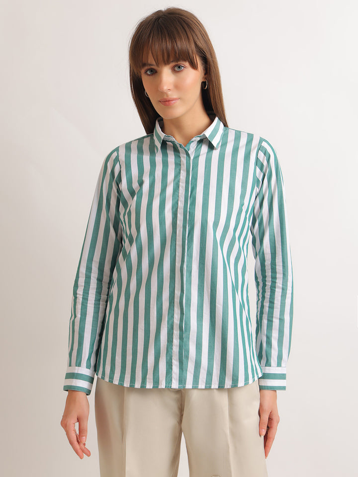 Hancock   Women   White & Green   Stripes   Pure Cotton   Regular Fit   Formal   Shirt