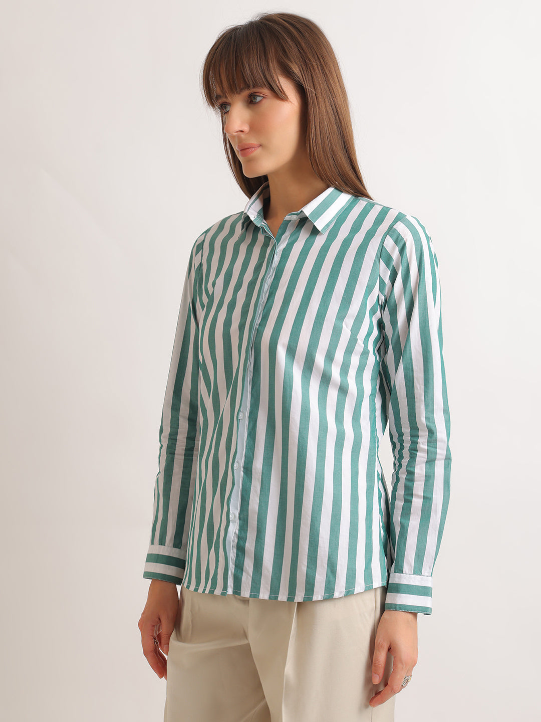 Hancock   Women   White & Green   Stripes   Pure Cotton   Regular Fit   Formal   Shirt