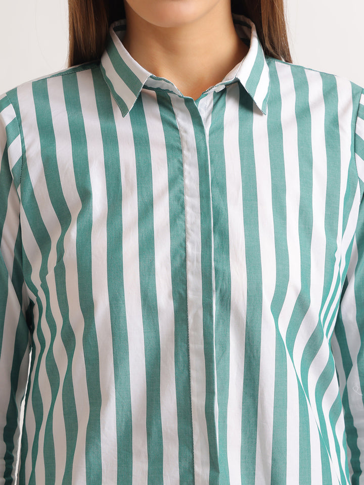 Hancock   Women   White & Green   Stripes   Pure Cotton   Regular Fit   Formal   Shirt