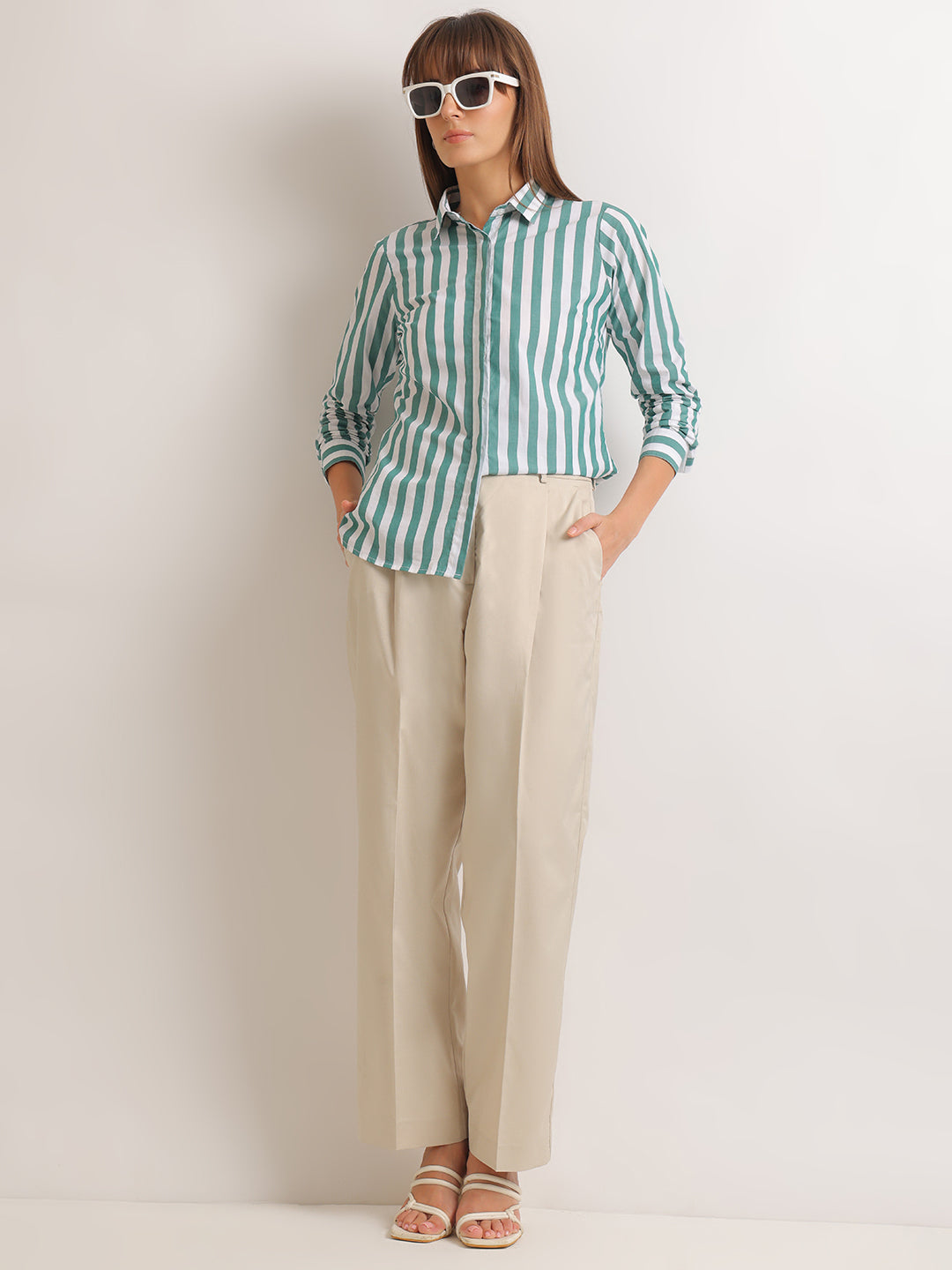 Hancock   Women   White & Green   Stripes   Pure Cotton   Regular Fit   Formal   Shirt