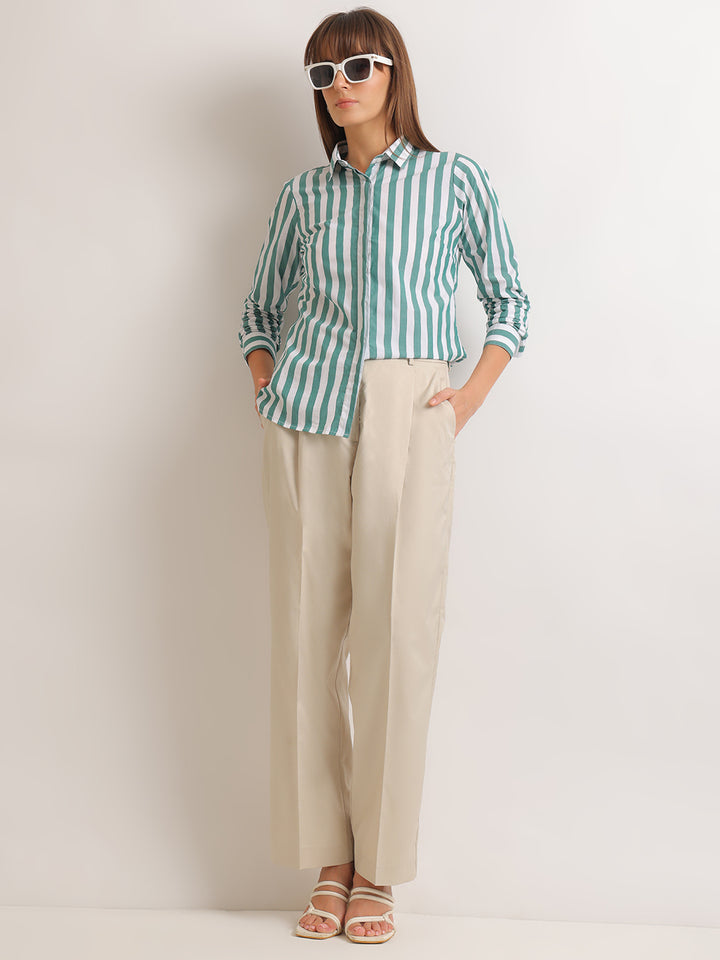 Hancock   Women   White & Green   Stripes   Pure Cotton   Regular Fit   Formal   Shirt