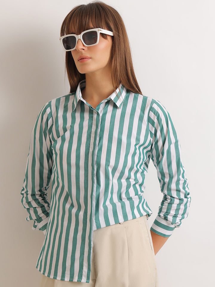 Hancock   Women   White & Green   Stripes   Pure Cotton   Regular Fit   Formal   Shirt