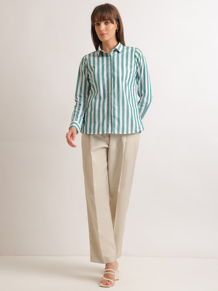 Hancock   Women   White & Green   Stripes   Pure Cotton   Regular Fit   Formal   Shirt