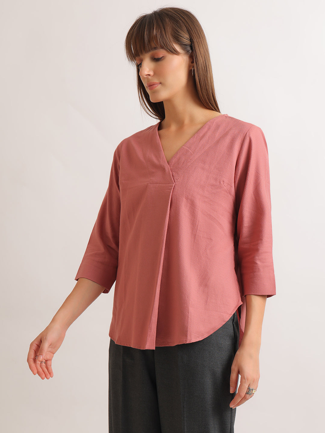 Hancock   Women   Dusty Pink   Solid Self Design   Pure Cotton   Regular Fit   Formal   Top