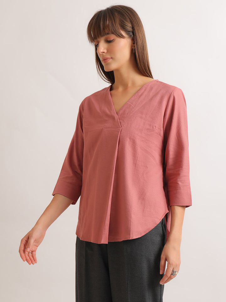 Hancock   Women   Dusty Pink   Solid Self Design   Pure Cotton   Regular Fit   Formal   Top