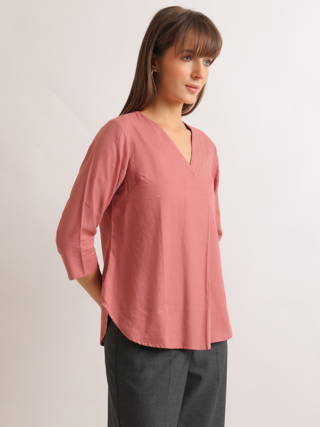 Hancock   Women   Dusty Pink   Solid Self Design   Pure Cotton   Regular Fit   Formal   Top