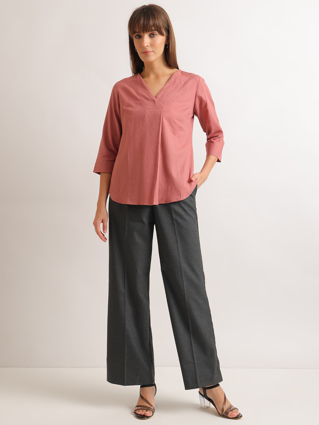 Hancock   Women   Dusty Pink   Solid Self Design   Pure Cotton   Regular Fit   Formal   Top
