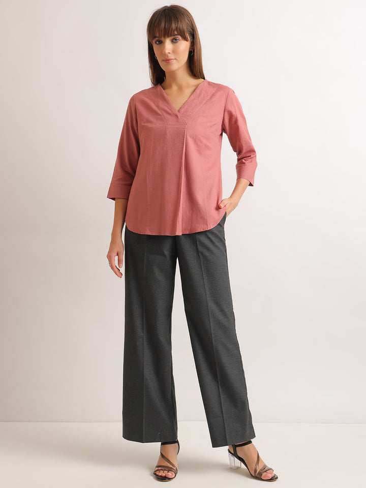 Hancock   Women   Dusty Pink   Solid Self Design   Pure Cotton   Regular Fit   Formal   Top