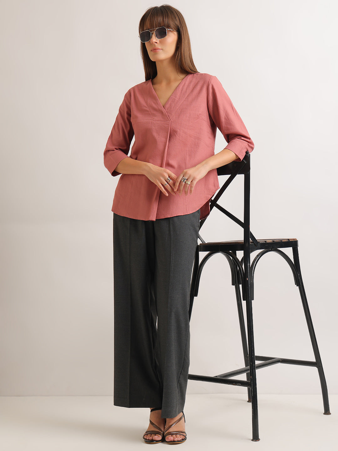 Hancock   Women   Dusty Pink   Solid Self Design   Pure Cotton   Regular Fit   Formal   Top
