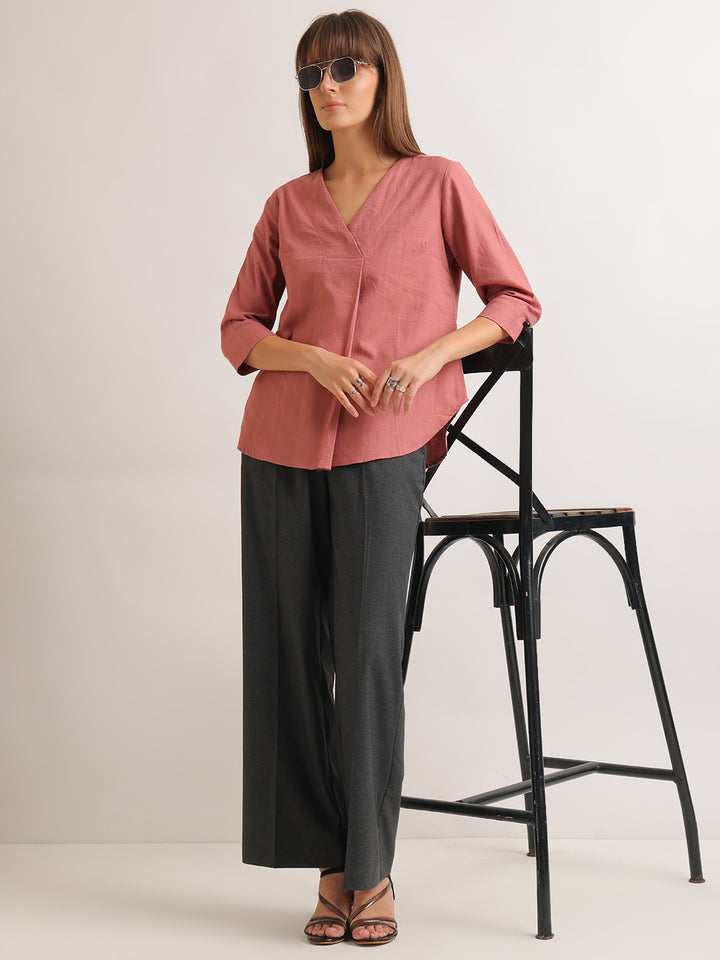 Hancock   Women   Dusty Pink   Solid Self Design   Pure Cotton   Regular Fit   Formal   Top