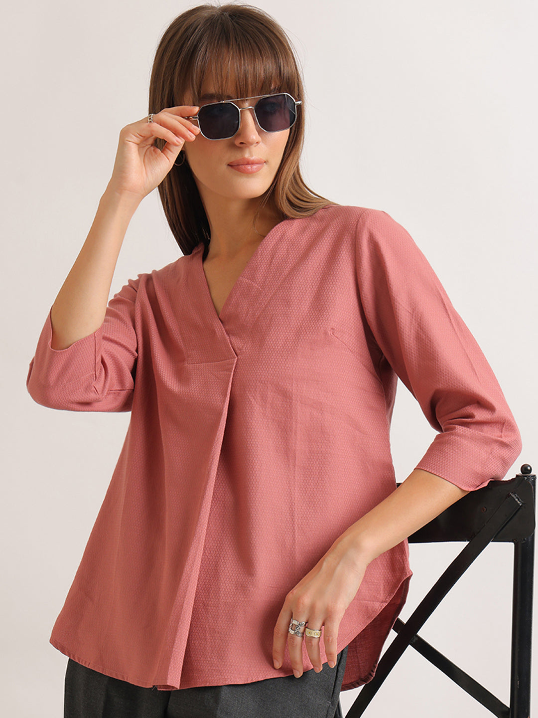 Hancock   Women   Dusty Pink   Solid Self Design   Pure Cotton   Regular Fit   Formal   Top