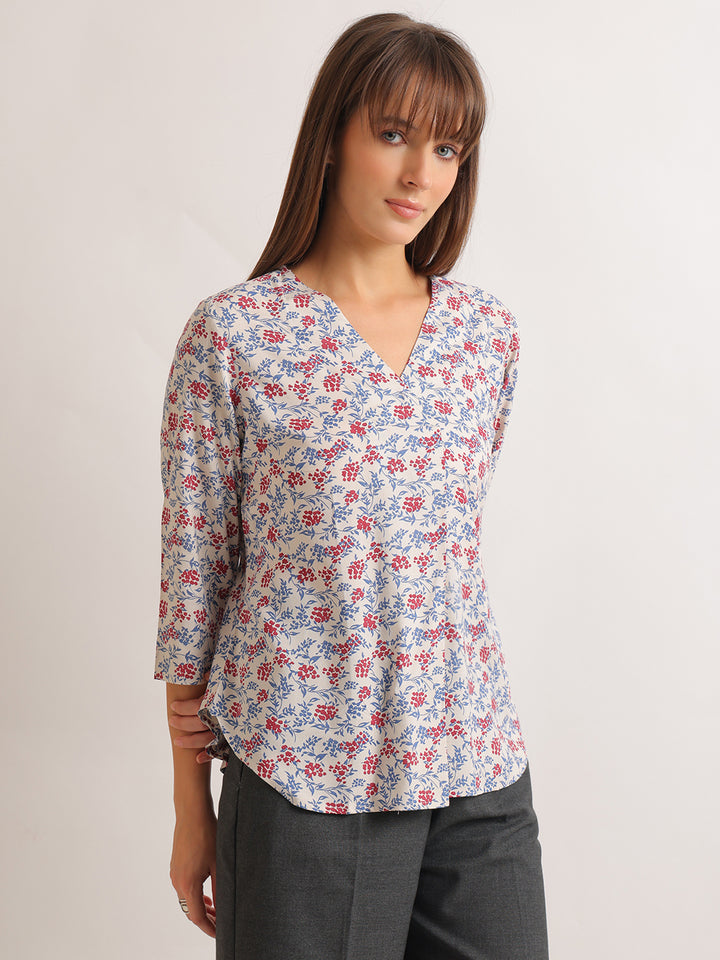 Hancock   Women   Beige   Prints   Viscose Rayon   Regular Fit   Formal   Top