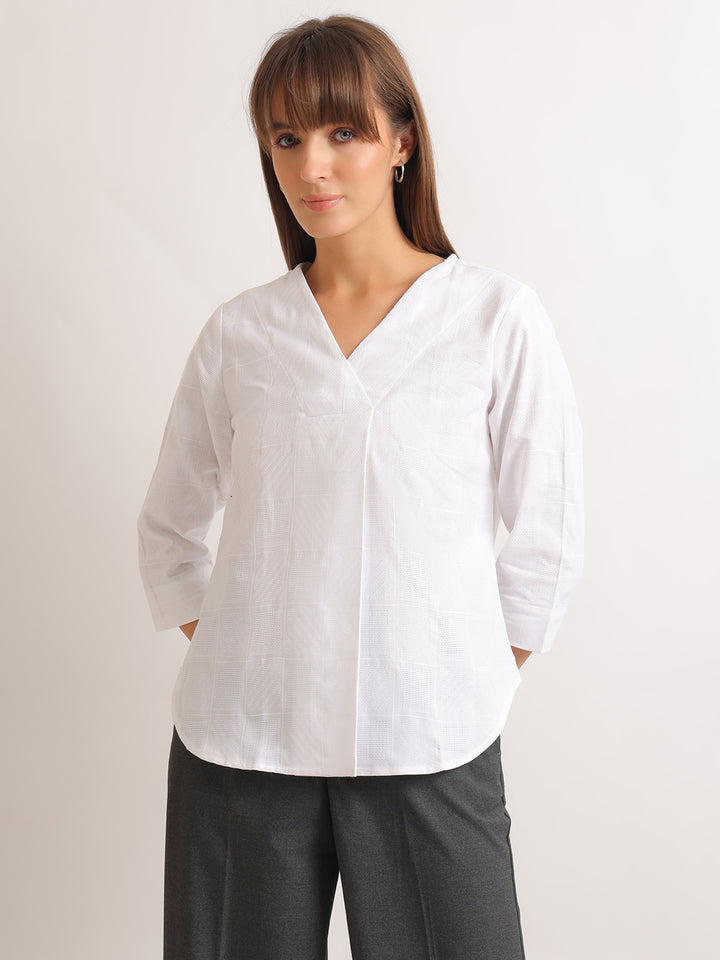 Hancock   Women   White   Solid Self Design   Pure Cotton   Regular Fit   Formal   Top