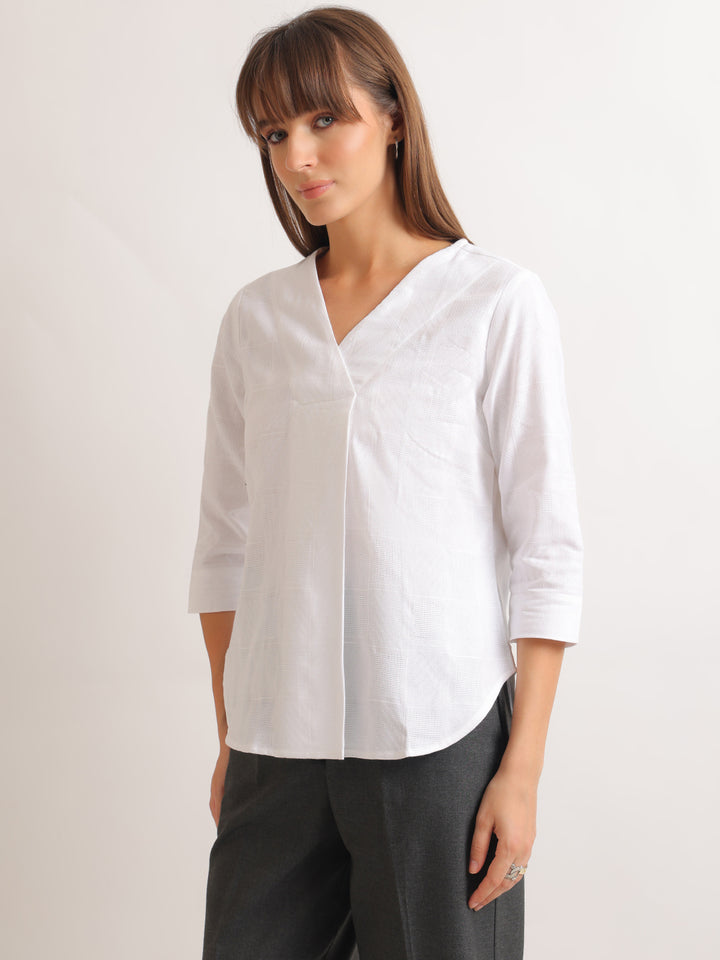 Hancock   Women   White   Solid Self Design   Pure Cotton   Regular Fit   Formal   Top