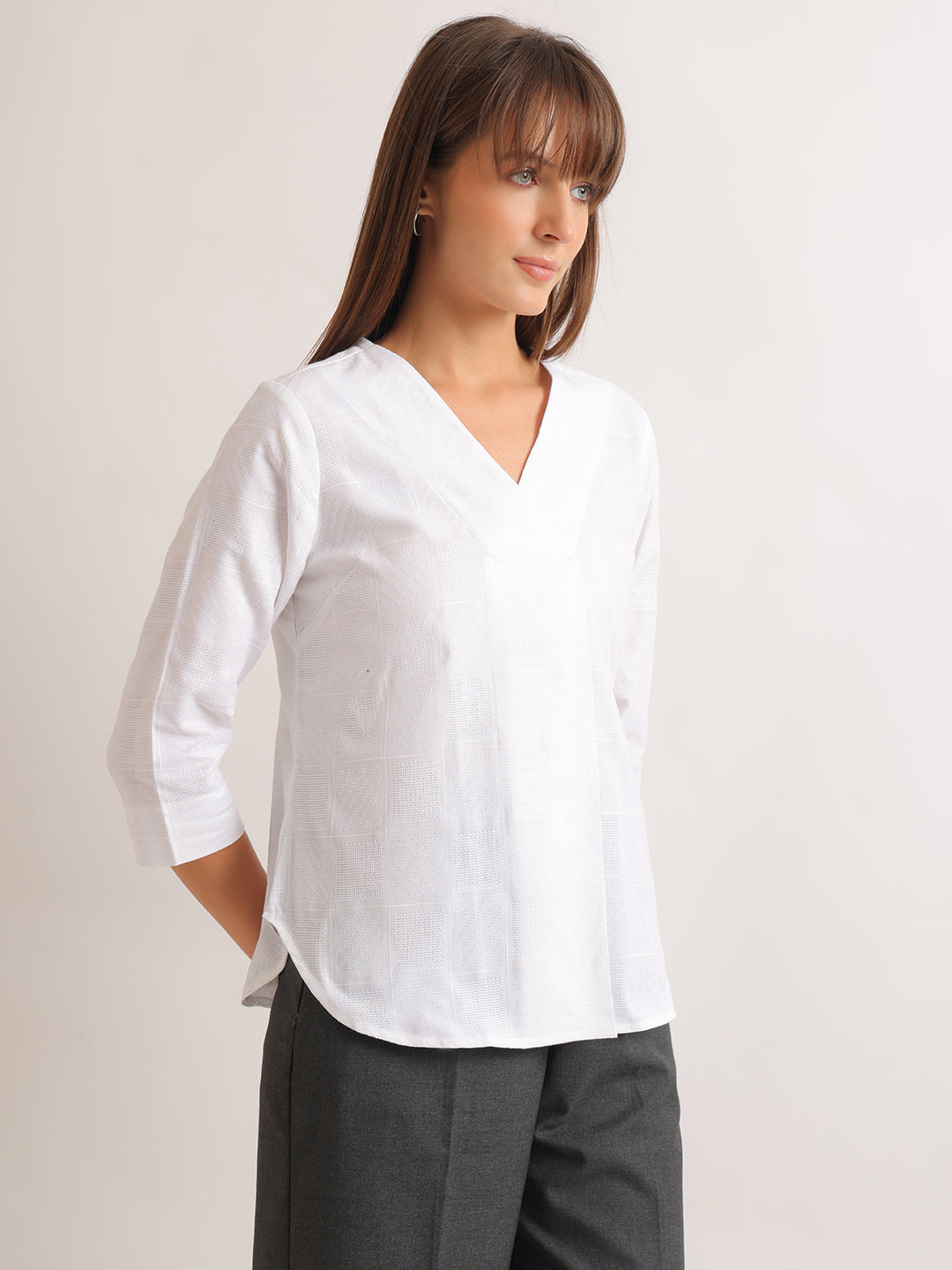 Hancock   Women   White   Solid Self Design   Pure Cotton   Regular Fit   Formal   Top