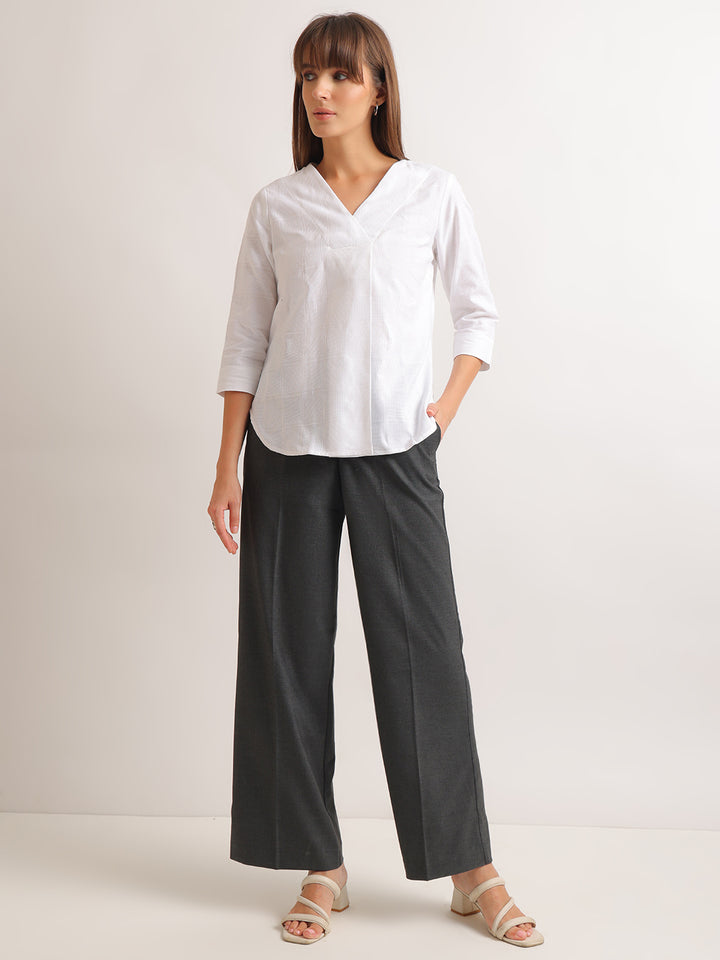 Hancock   Women   White   Solid Self Design   Pure Cotton   Regular Fit   Formal   Top