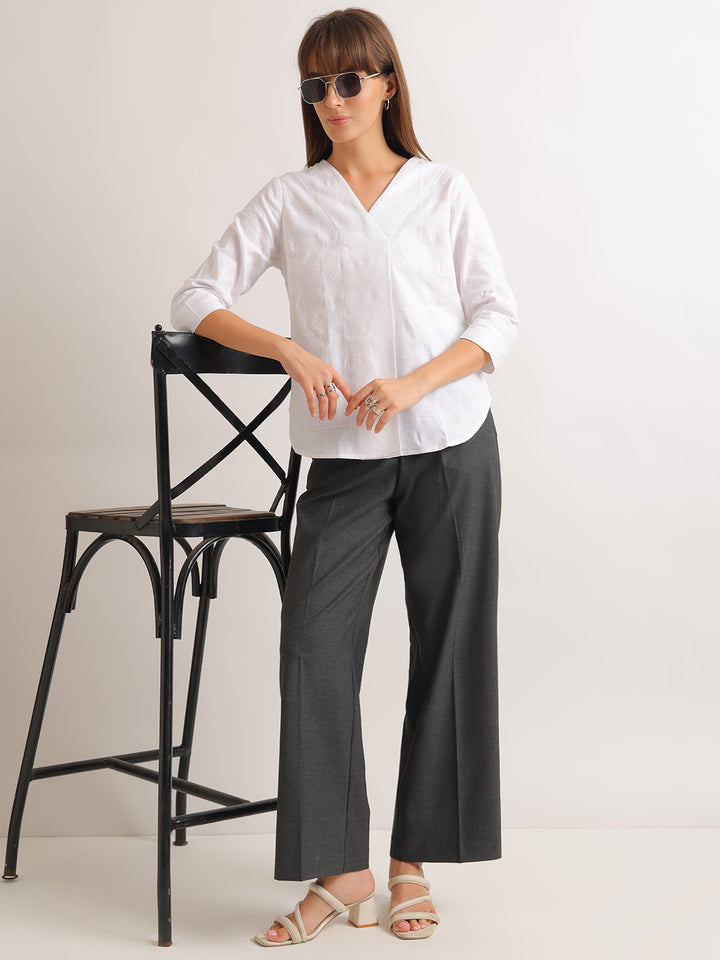 Hancock   Women   White   Solid Self Design   Pure Cotton   Regular Fit   Formal   Top