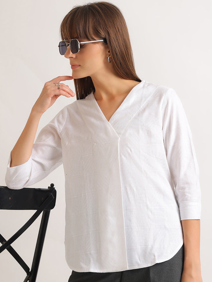 Hancock   Women   White   Solid Self Design   Pure Cotton   Regular Fit   Formal   Top