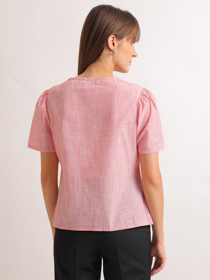 Hancock   Women   Coral   Stripes   Pure Cotton   Regular Fit   Formal   Top