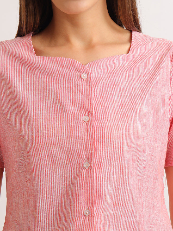 Hancock   Women   Coral   Stripes   Pure Cotton   Regular Fit   Formal   Top