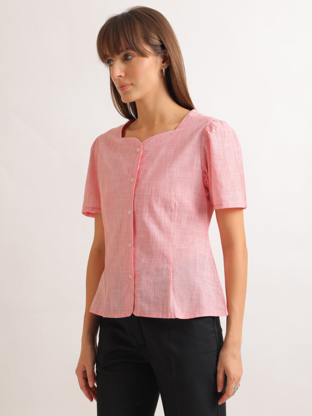 Hancock   Women   Coral   Stripes   Pure Cotton   Regular Fit   Formal   Top