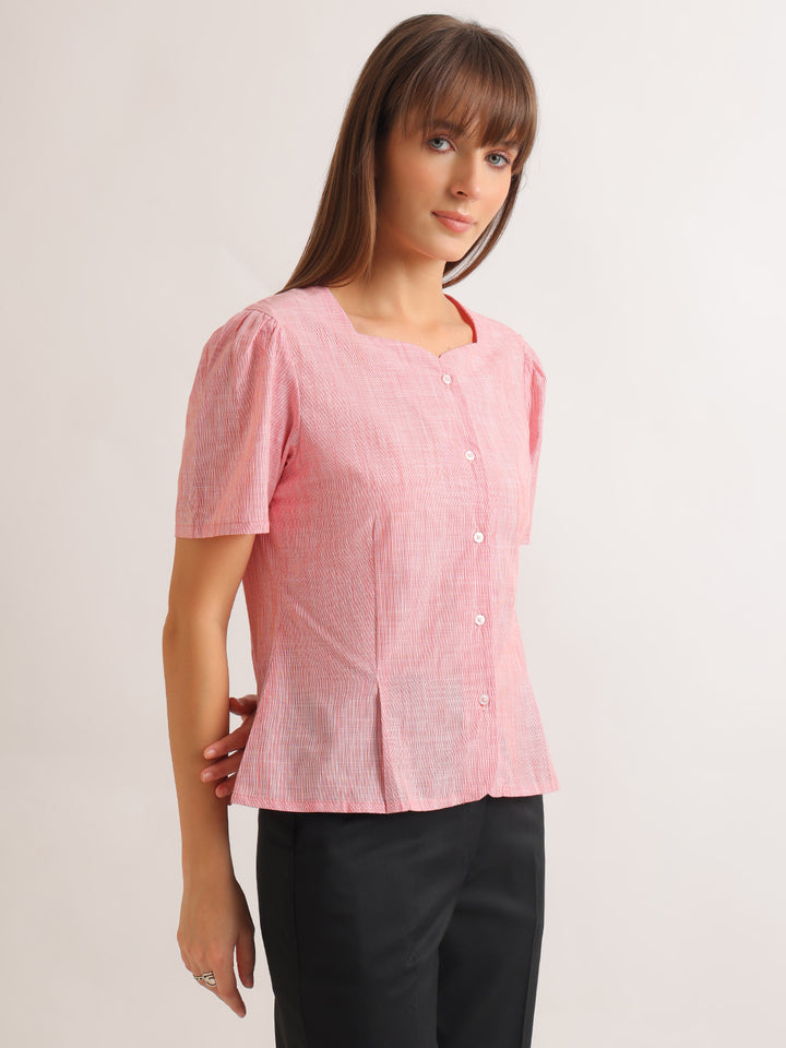 Hancock   Women   Coral   Stripes   Pure Cotton   Regular Fit   Formal   Top