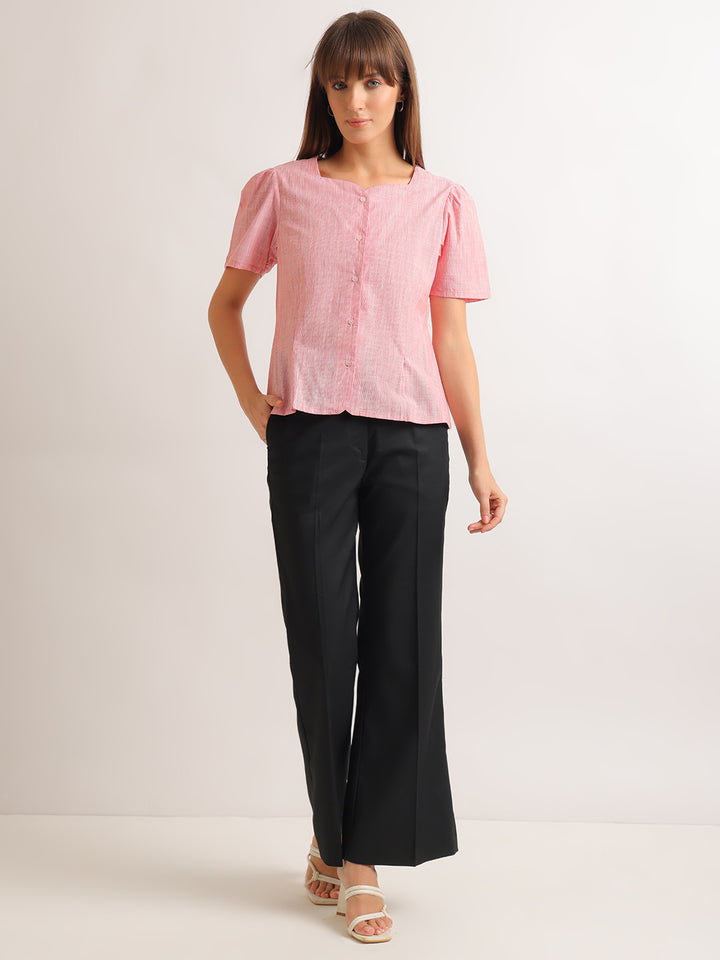 Hancock   Women   Coral   Stripes   Pure Cotton   Regular Fit   Formal   Top