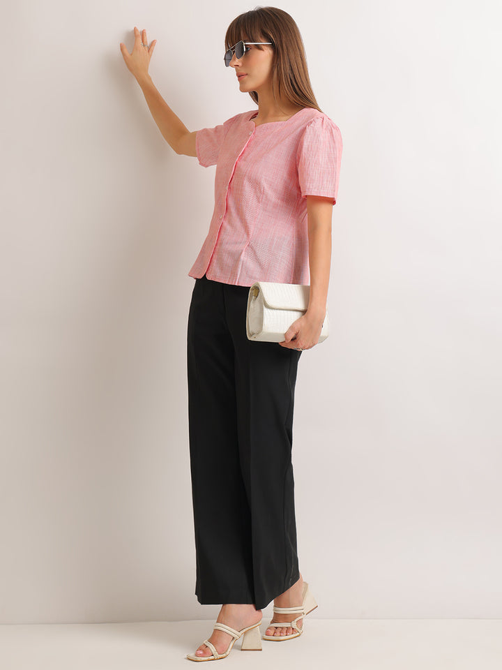 Hancock   Women   Coral   Stripes   Pure Cotton   Regular Fit   Formal   Top