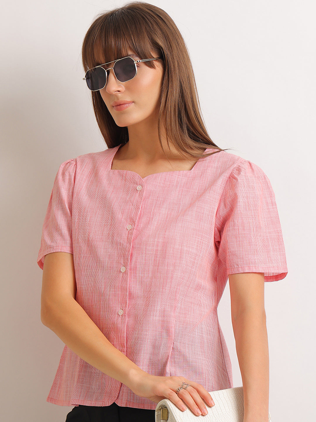 Hancock   Women   Coral   Stripes   Pure Cotton   Regular Fit   Formal   Top