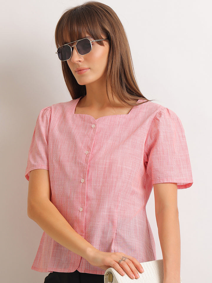 Hancock   Women   Coral   Stripes   Pure Cotton   Regular Fit   Formal   Top