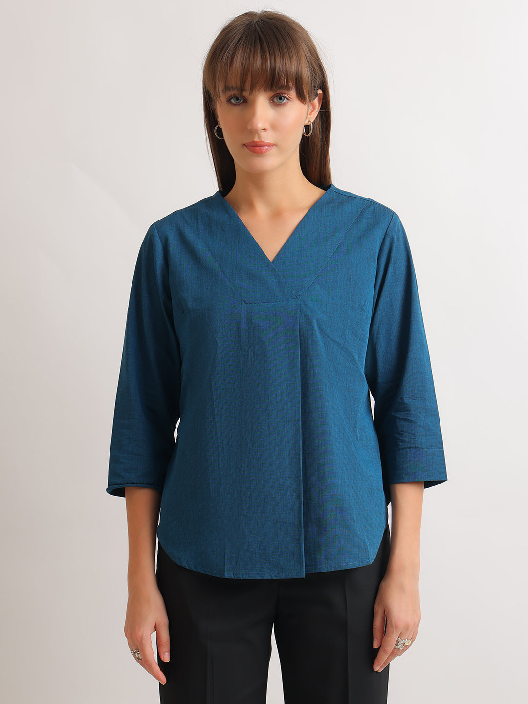 Hancock   Women   Turquoise   Solids   Pure Cotton   Regular Fit   Formal   Top