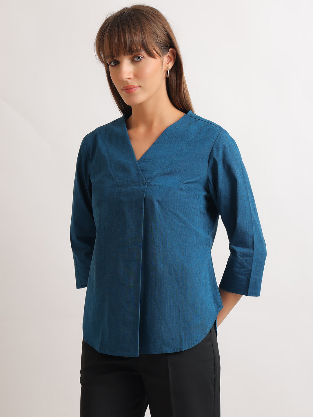 Hancock   Women   Turquoise   Solids   Pure Cotton   Regular Fit   Formal   Top