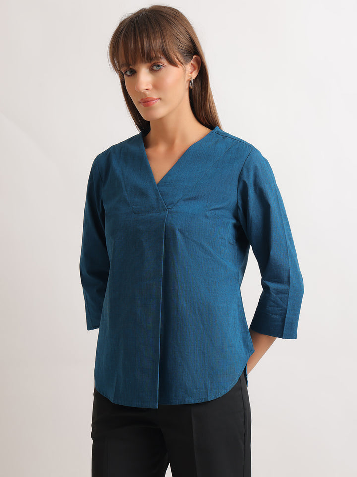Hancock   Women   Turquoise   Solids   Pure Cotton   Regular Fit   Formal   Top