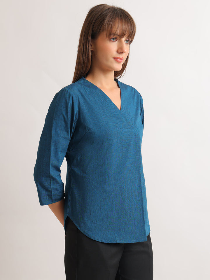 Hancock   Women   Turquoise   Solids   Pure Cotton   Regular Fit   Formal   Top
