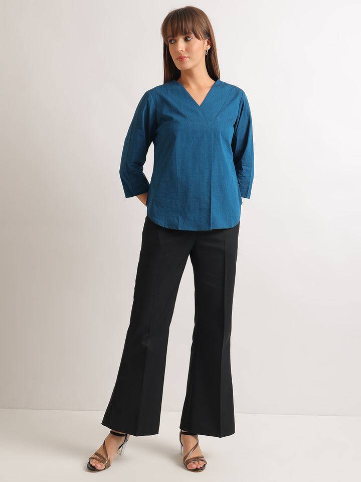 Hancock   Women   Turquoise   Solids   Pure Cotton   Regular Fit   Formal   Top