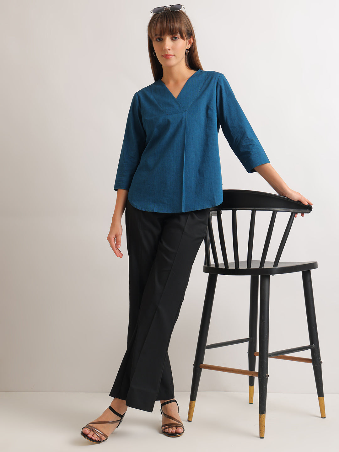 Hancock   Women   Turquoise   Solids   Pure Cotton   Regular Fit   Formal   Top
