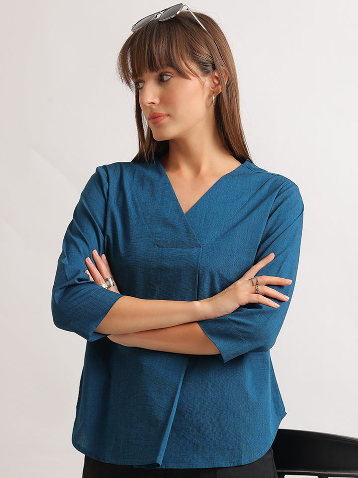 Hancock   Women   Turquoise   Solids   Pure Cotton   Regular Fit   Formal   Top