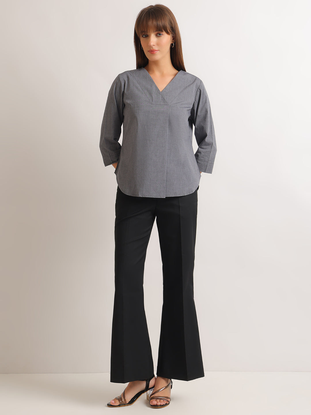 Hancock   Women   Grey   Solids   Pure Cotton   Regular Fit   Formal   Top