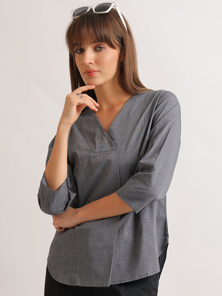 Hancock   Women   Grey   Solids   Pure Cotton   Regular Fit   Formal   Top