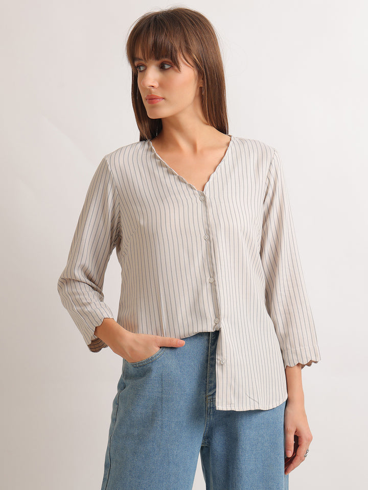 Hancock   Women   Beige   Stripes   Pure Cotton   Regular Fit   Formal   Shirt