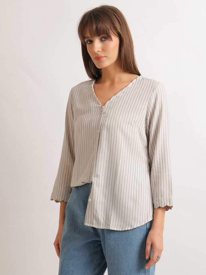 Hancock   Women   Beige   Stripes   Pure Cotton   Regular Fit   Formal   Shirt
