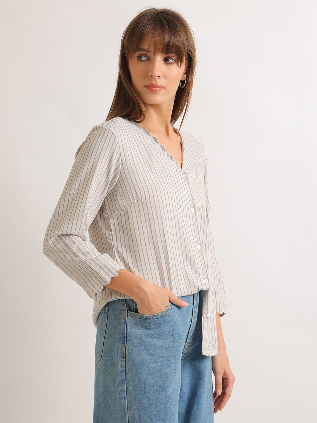 Hancock   Women   Beige   Stripes   Pure Cotton   Regular Fit   Formal   Shirt