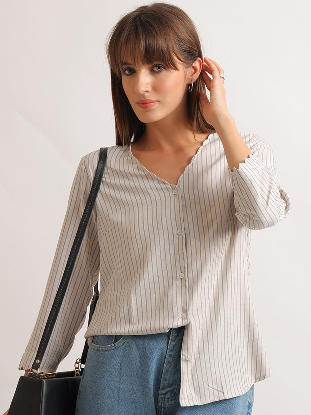 Hancock   Women   Beige   Stripes   Pure Cotton   Regular Fit   Formal   Shirt